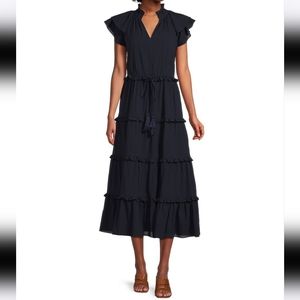 NWT Gibson Latimer Ruffle V-Neck Tiered Midi Navy Dress Size Large